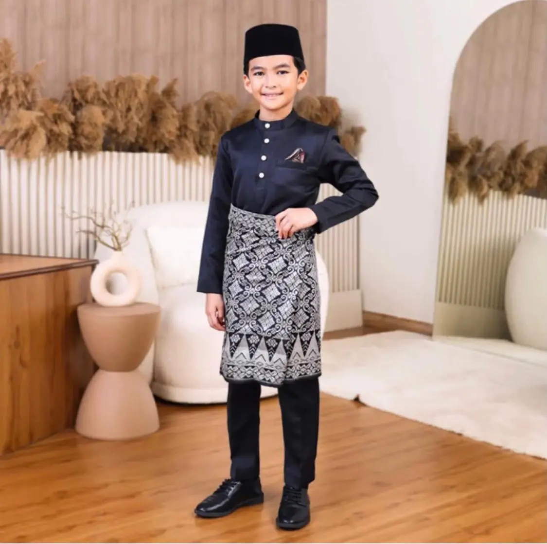 Baju Melayu Anak Laki Laki Teluk Belanga Cekak Musang Setelan Pakaian Muslim Koko Cowok Adat Malaysia Bahan Satin Velvet Premium Murah Meriah