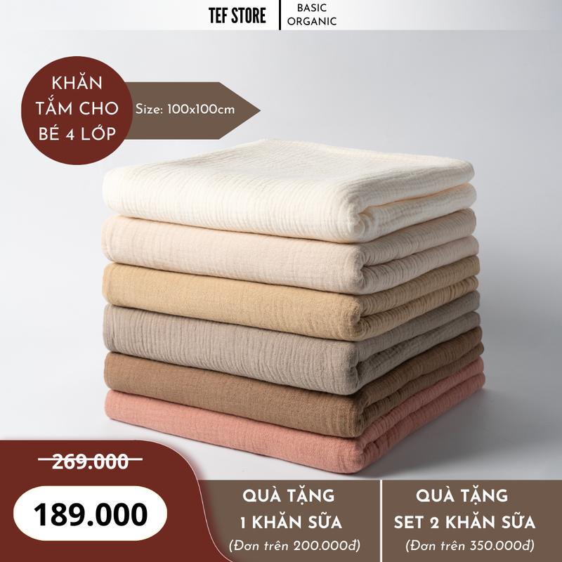 Khăn ủ tắm cho bé chăn đắp sơ sinh cỡ lớn 100x100cm 4 lớp sợi bông tự nhiên mềm mại không bụi vải thấm hút Tef store