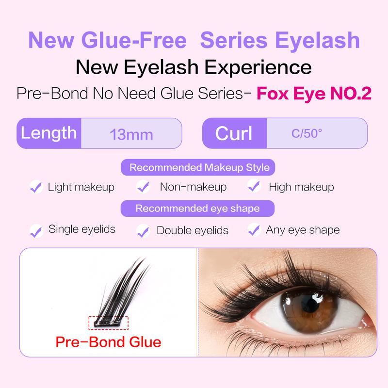 Product Introduction of [No Need Glue]Find Love Fox Eye NO.2 Pre-Bond Technology  No Glue Needed  DIY Eyelash  1-Step Press On Lashes Self Adhesive Reusable Natural Segmented  Long Lasting DIY Lash gluefree lashes Self-Adhesive C Curl Lashes 28