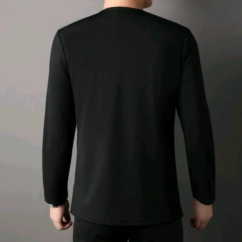 Foto Kaos Lengan Panjang Cardigan V-neck Atasan Rajut Pria Jahitan Mode Dua Badan Aktif Pakaian Kasual Cowokthumb3