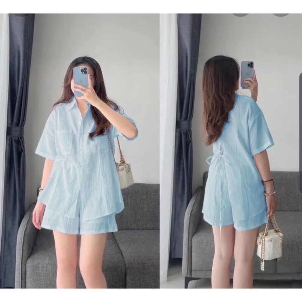 Setelan Wanita Kekinian Terbaru dengan Kemeja Crinkle Korea - Baju, Celana Dewasa one set Airflow Kancing Nyaman Kerah Santai Remaja oneset  kekinian ootd one set