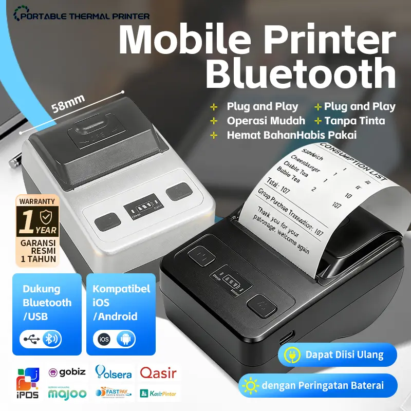 Gratis hadiah 3 gulungan kertas termal Printer mini portabel Bluetooth MP-58H Kertas termal mendukung berbagai platform cetak + adaptor hitam putih Printer label kertas portabel Paper Rol Struk Portable
