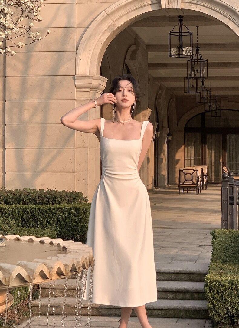 Product Introduction of Women's new slim fit mid length dress, solid color suspender dress, waist cinching, niche design for girls, women's mid length dress Casual Womenswear 4