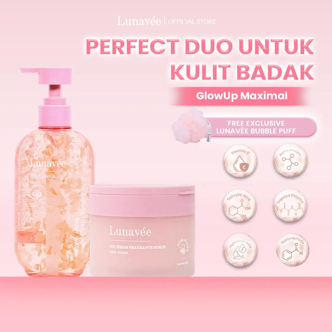 Lunavée - Set Rose Flowers Fragrance Body Wash 400ml & Ice Cream Fragrance Body Scrub 180gr BPOM Mencerahkan Kulit Ringan Radiant Hydration