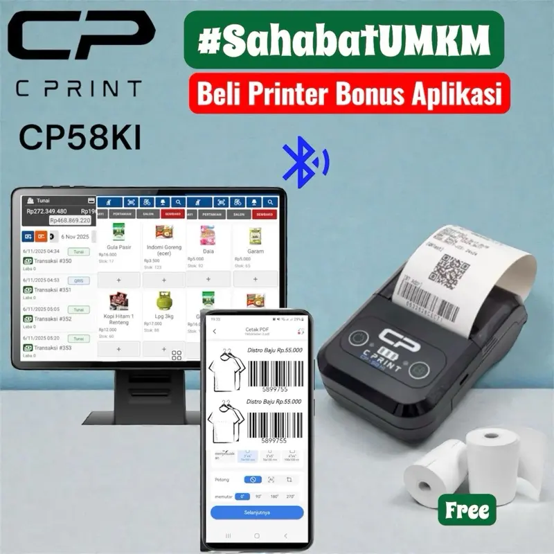 CPRINT CP-58KI Mobile Printer Bluetooth Thermal Receipt PPOB/Kasir 58mm - Print Alamat Thermal - Print Label Barcode - Print Text/Gambar/Foto GARANSI RESMI + PAKET LENGKAP