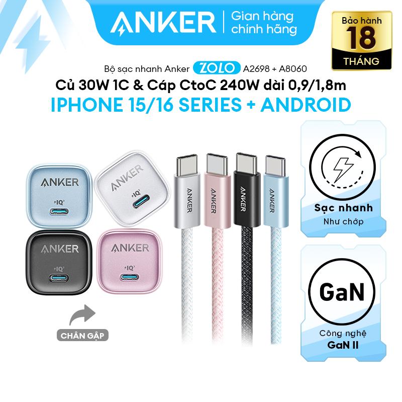 COMBO 30W Củ Zolo & Cáp Zolo Dành cho iPhone15 16 - Android Combo sạc nhanh Anker 20W 30W - Củ sạc nhanh Anker Zolo GaN 30W 1 cổng USB-C chân gập & Cáp sạc nhanh ANKER Zolo USB-C to USB-C công suất cao 240W chip E-marker- A2698+A8060