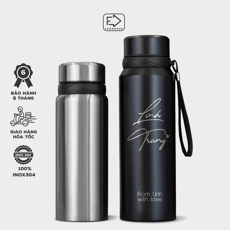 Bình nước giữ nhiệt Sport 1000ml bình nước đa năng inox 304 có dây treo ngăn lọc trà Fan House khắc tên theo yêu cầu