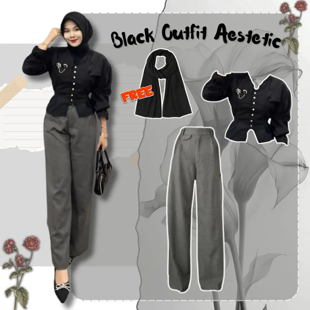 OOTD One Set 3in1 Cewek Black Mamba Kekinian BLOUSE KOREA & PANTS Celana FREE JILBAB POLOS Bell4