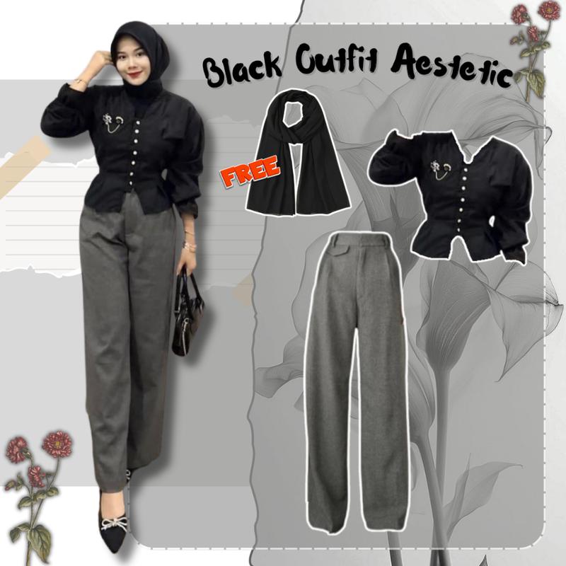 OOTD One Set 3in1 Cewek Black Mamba Kekinian BLOUSE KOREA & PANTS Celana FREE JILBAB POLOS Bell4 1