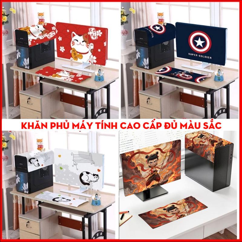 Bộ 3 Khăn Phủ Máy Tính Để Bàn Tấm Che Bụi Màn Hình Bàn Phím Size 22 24 27 32 inch