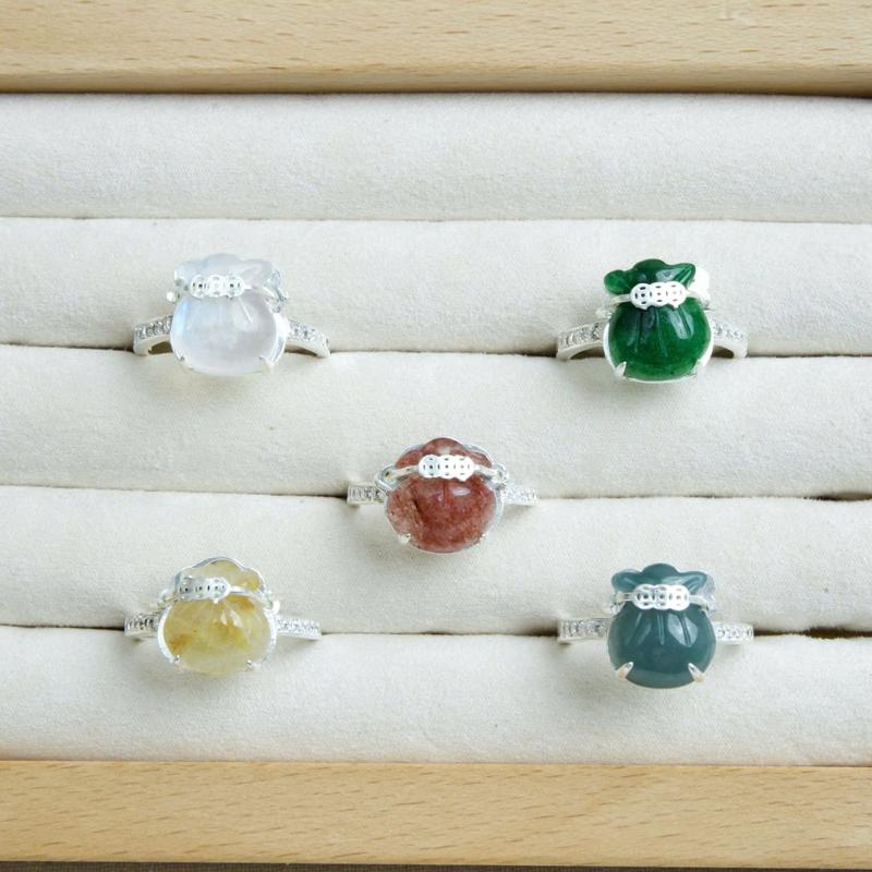 Nhẫn bạc ngọc đá quý túi tiền tài lộc