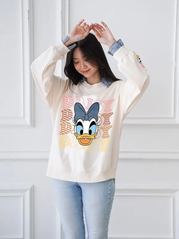 Sweater Kerah Motif Desi Kombinasi Denim Babyterry Import Cute Korean Style Oversize Sweatshirt Kemeja Fit Panjang Mikei Bordir Wanita Atasan Crewneck Krem 1