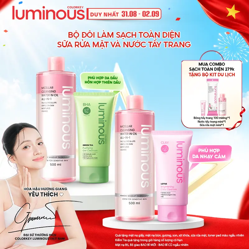 Bộ Đôi Làm Sạch Toàn Diện Gồm Sữa Rửa Mặt Và Nước Tẩy Trang Colorkey Luminous Hỗ Trợ Làm Sạch Cho Da Nhạy Cảm Và Da Dầu Mụn