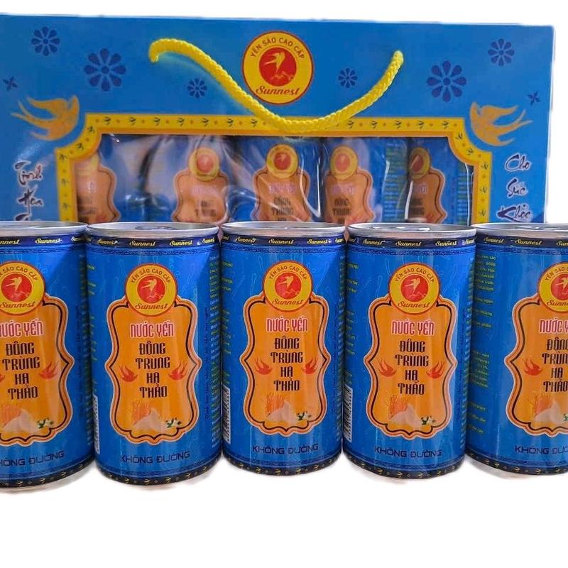 Hộp 5 lon nước yến đông trùng hạ thảo không đường 5% yến sào SUNNEST 180ml