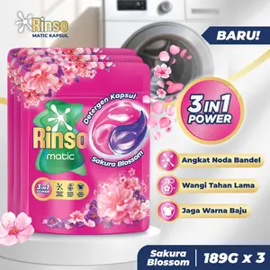 Deals! Rinso Kapsul Sakura Blossom Deterjen Cair Matic isi 18 capsule dengan 3 in 1 Power | Detergent Konsentrat 189g Triplepack