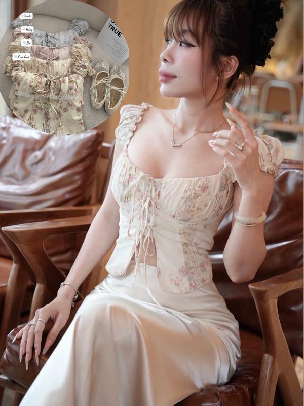 LEILA TOP | Áo trễ vai hoa XẺ TRƯỚC có mút ngực - phía sau có chun co dãn