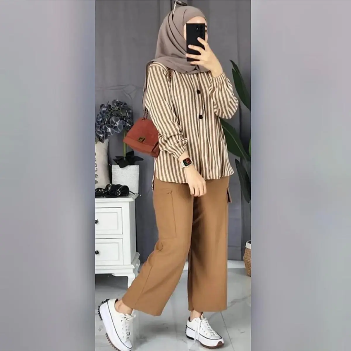 Ramosa Set Kombinasi Salur Celana Cargo Wanita/Setelan Wanita Kekinian Lengan Panjang Wanita Muslimah Lengan Panjang Airflow Baju Nyaman Dewasa Motif Kantong Gamis