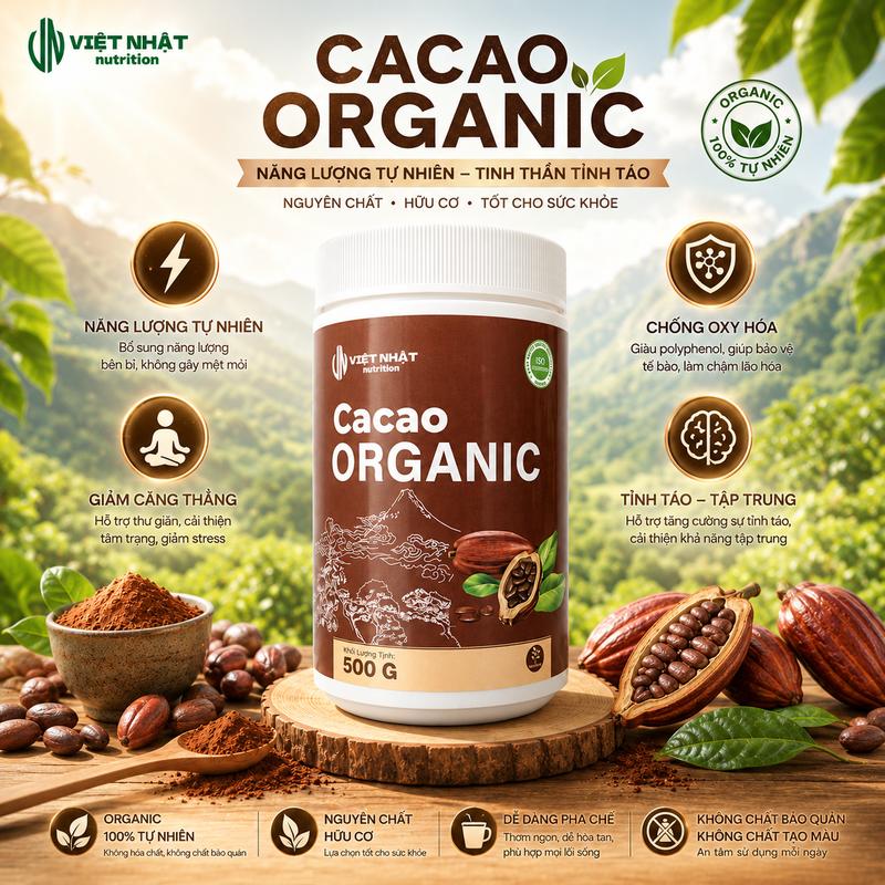 Sữa Cacao Organic - 500gr - Việt Nhật Nutrition - Thức Uống Từ Tự Nhiên Bổ Sung Năng Lượng Trong Ngày Chưa Lượng Đường Thấp