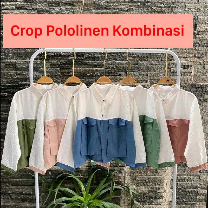 ATASAN CROP POLOLINEN SAKU 2 KEMEJA CROP KOMBINASI WANITA Busui Kancing Top Keren Kerja Baju Tangan 0