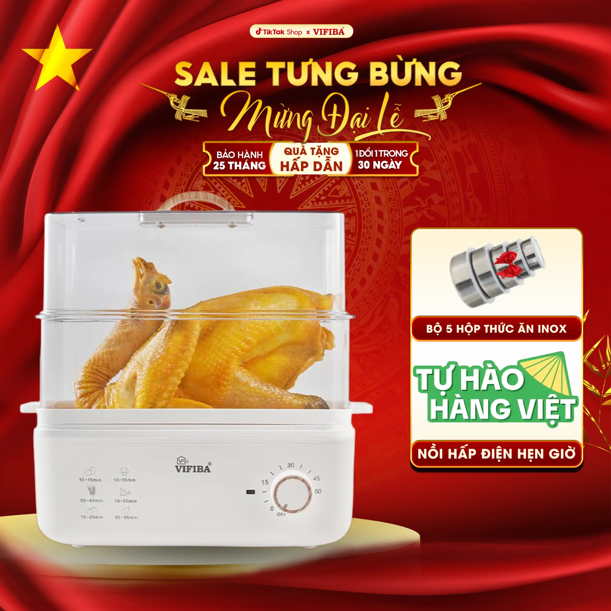 [01.05] Nồi Điện Hấp Hẹn Giờ Cao Cấp VIFIBA - BH 25 Tháng - Đổi Mới Trong 30 ngày - Nồi Hấp Nhựa Nguyên Sinh Không Mùi