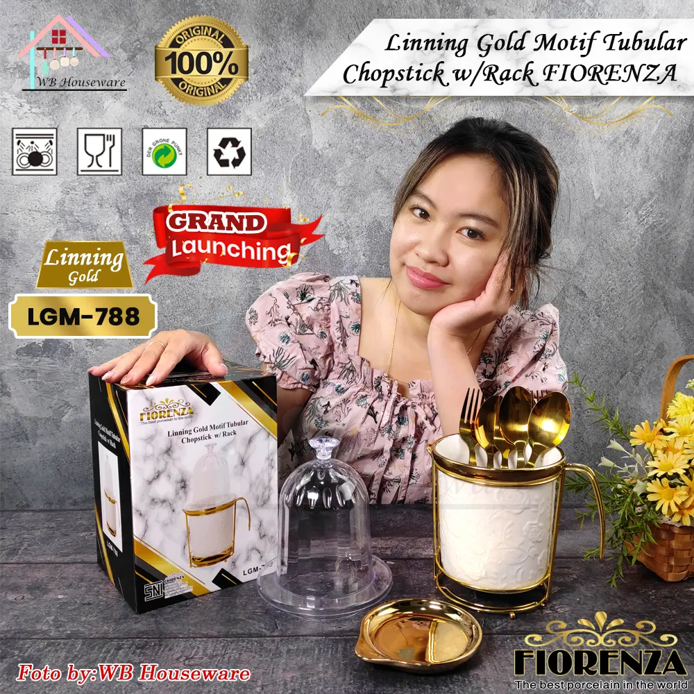 FIORENZA Tempat sendok keramik + tutup motif linning gold / tubular chopstick with rack LGM-788