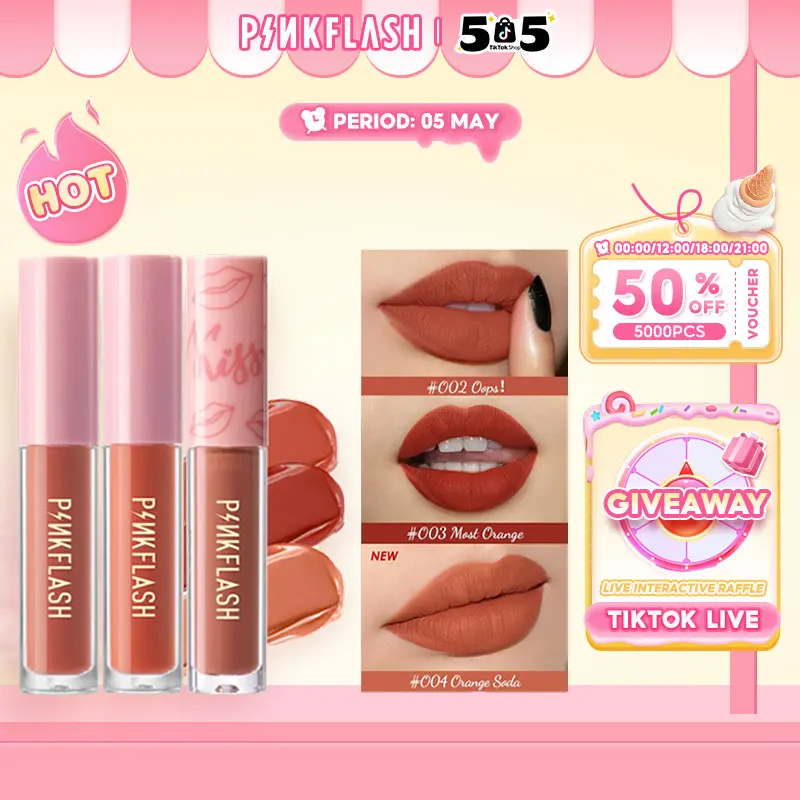 [Official] PINKFLASH OhMyKiss 3pcs Soft Matte Finish VE Moisturising Long-lasting Waterproof Non-sticky Liquid Lipstick Makeup Set liptint set lasting  gloss