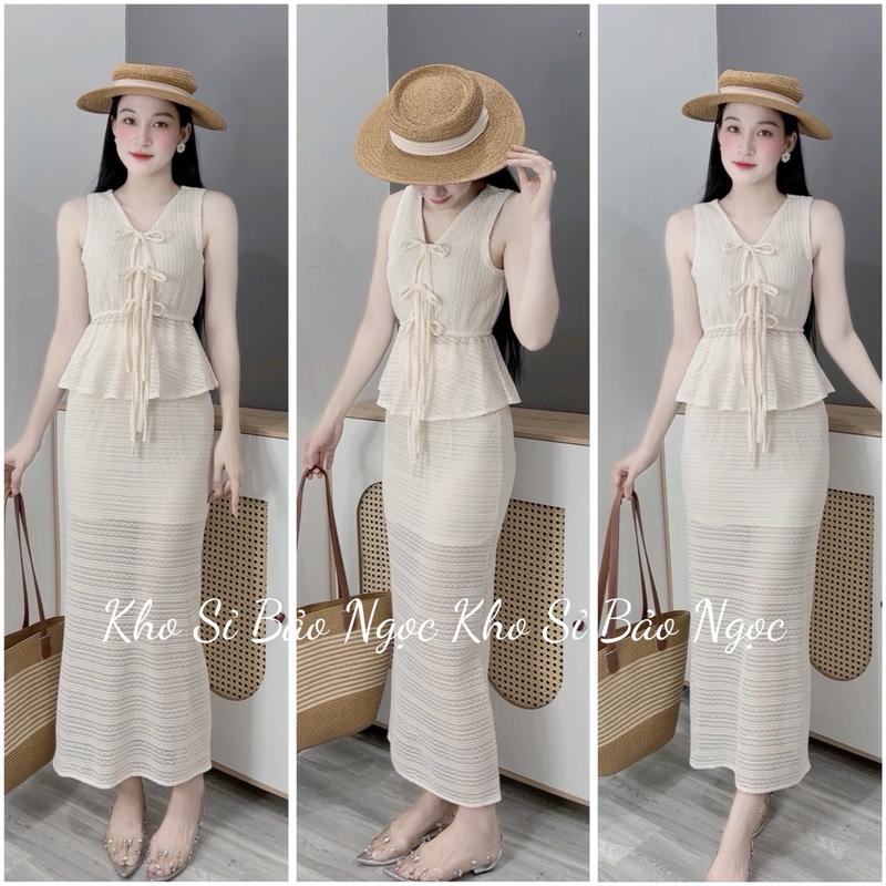 [S10 XÃ KHO BỎ MẪU] Set ren đi biển áo cổ V phối dây chiết eo, Váy đuôi cá ren lưới tôn dáng sang trọng Kho Sỉ Bảo Ngọc
