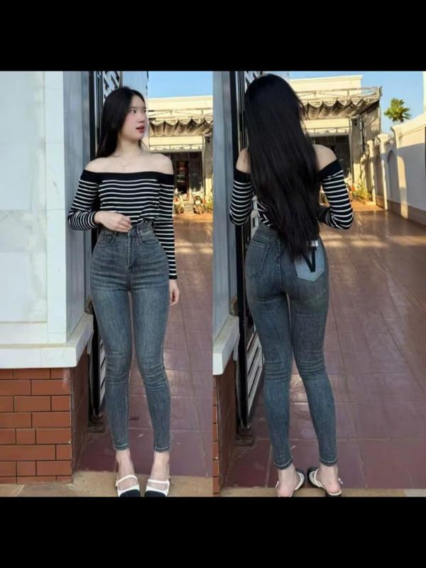 YẾN LINH SHOP BigSize Mã D020 :45-72kg Quần Jeans Nữ Ôm Lưng Cao 1 Nút Màu Dơ Trơn Thêu Túi Chữ V Trái Co Giãn Mềm Mịn Size 27-32 Siêu Hắc Dáng Basic Sang Chảnh