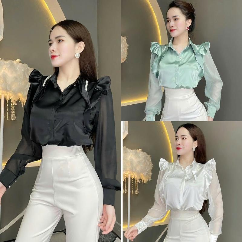Áo Somi Nữ Thiết Kế EMME A286 Tay Dài Họa Tiết Cổ Đính Cườm Top Sơ Mi Women Lụa Silk Phối Tay Voan Ánh Kim - Thanh Tự