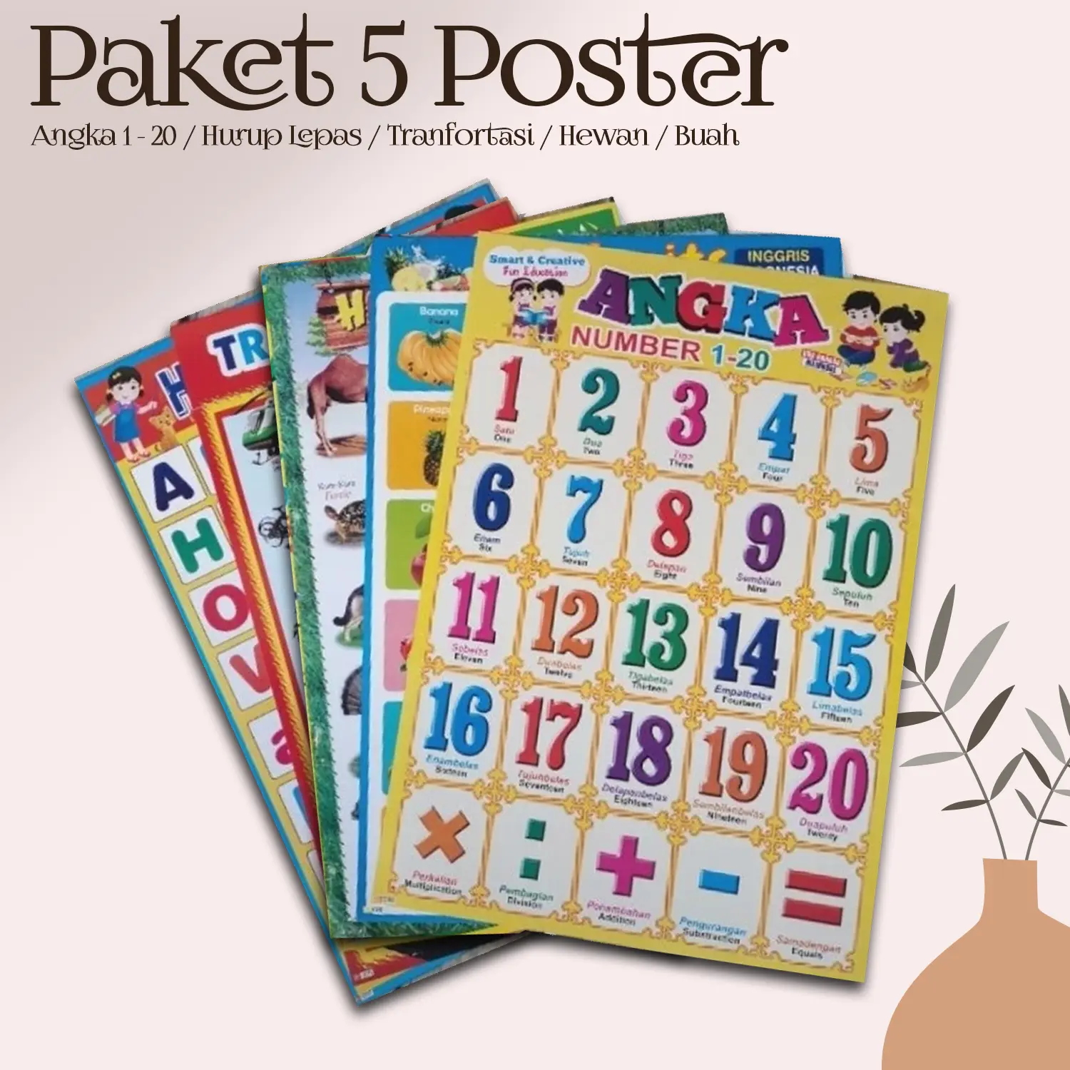 Paket 5 Poster Edukasi anak - Angka 1-20 - Huruf Lepas - Transportasi - Hewan jinak - Buah