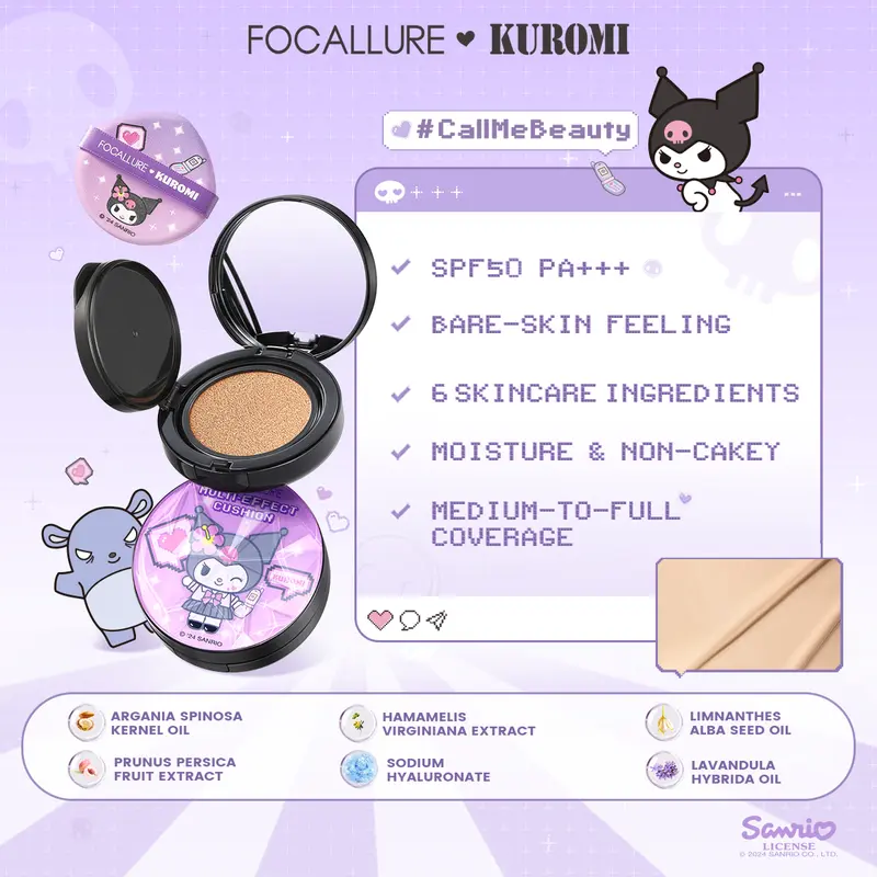 [Official] FOCALLURE X Sanrio #CallMeBeauty Bare-skin UV Cushion & Matte Setting Loose Powder 2PCS 3