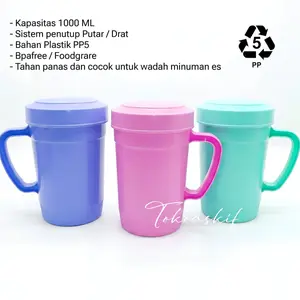 Mug ALMA 1000 ML Cangkir Tutup Drat Plastik Bpafree Foodgrade