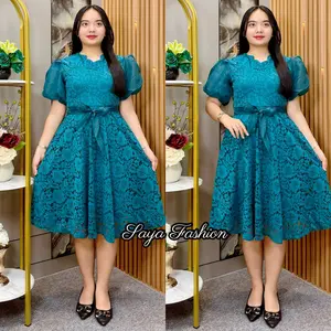 Dress Brokat Polos Mix Organza Midi Dress Pesta Kasual 5320 78