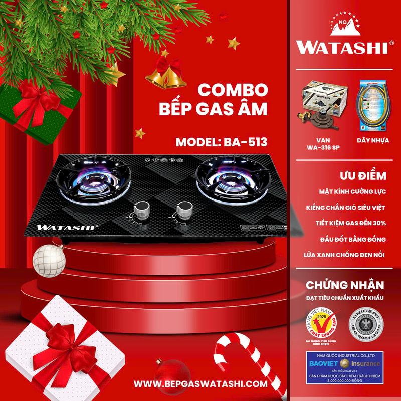 BẾP GAS VỪA ÂM VỪA DƯƠNG WATASHI MODEL: WA - 513 CÓ KIỀNG CHẮN GIÓ CHÉN ĐỒNG LỬA XANH TIẾT KIỆM GAS TỚI