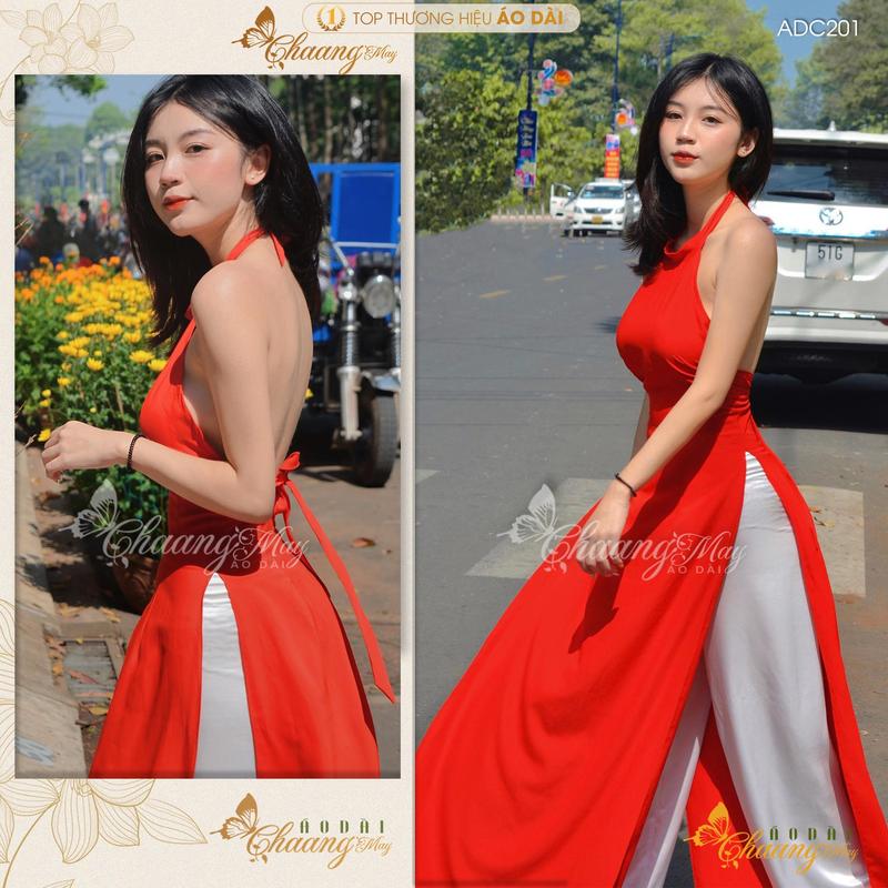  Áo dài cổ yếm đỏ khoét hở lưng CHAANG may sẵn truyền thống vảilụa chụp sen dự tiệc lễ tết đẹp ADC201 - TẶNG KÈM ĐỆM NGỰC 