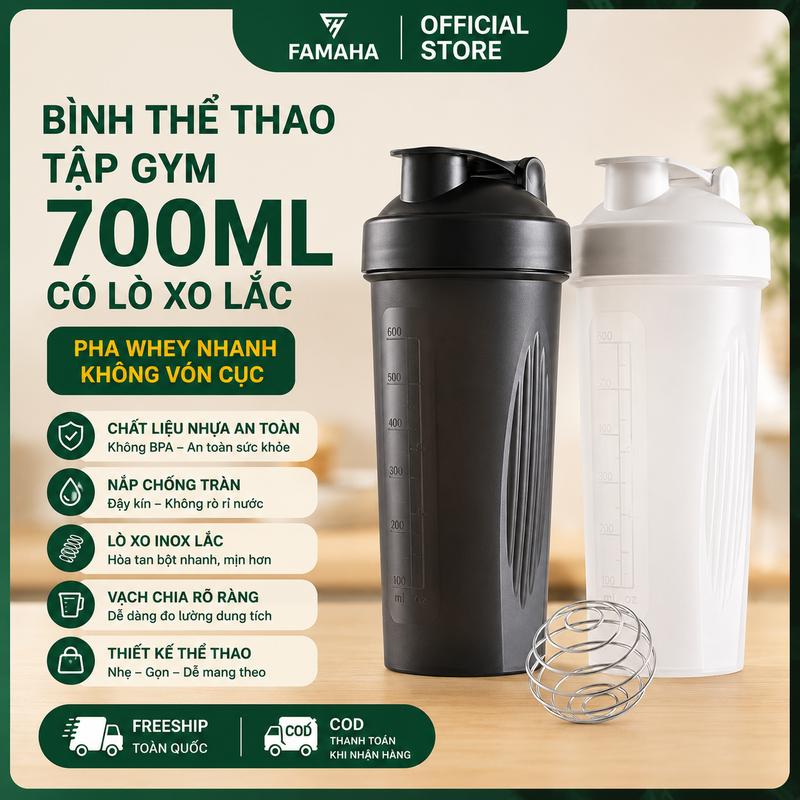 Bình nước thể thao tập gym có con lắc lò xo dung tích 700ml bằng nhựa PVC an toàn cho người sử dụng