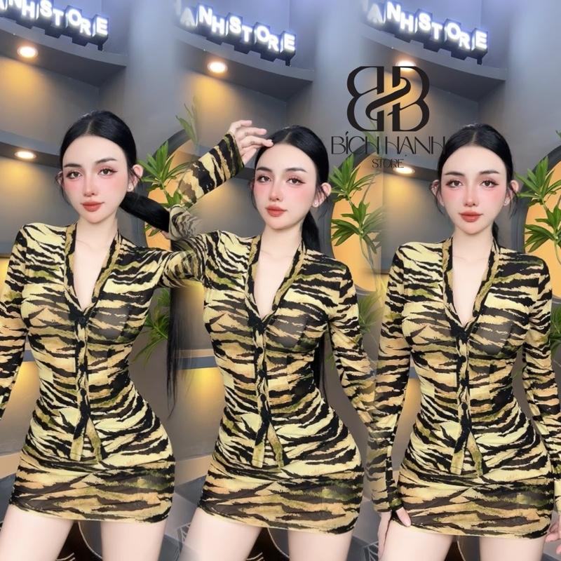 V47 - VÁY NGẮN PHỐI ÁO LƯỚI TAY DÀI ( BÍCH HẠNH STORE ) Nữ Thun