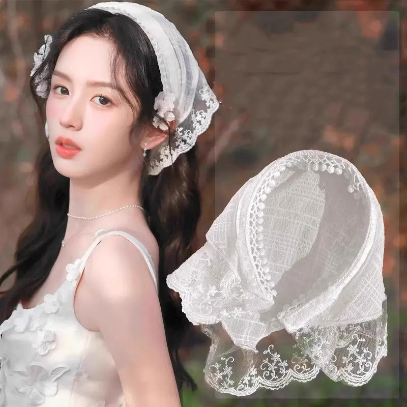 Khăn Quàng Tam Giác Viền Ren, Cô Gái Nơ Ngọt Ngào Băng Đô Nữ, Băng Đô Chụp Ảnh, Phụ Kiện Tóc, Hợp Xu hướng Women Nhung Titan,Phong cách đồng quê, thích hợp cho chuyến dã ngoại chụp ảnh，băng đô khăn trùm đầu 1