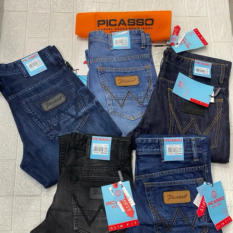 celana picasso W kulit panjang reguler Denim Nyaman Jeans Pria dewasa/laki laki slim fit