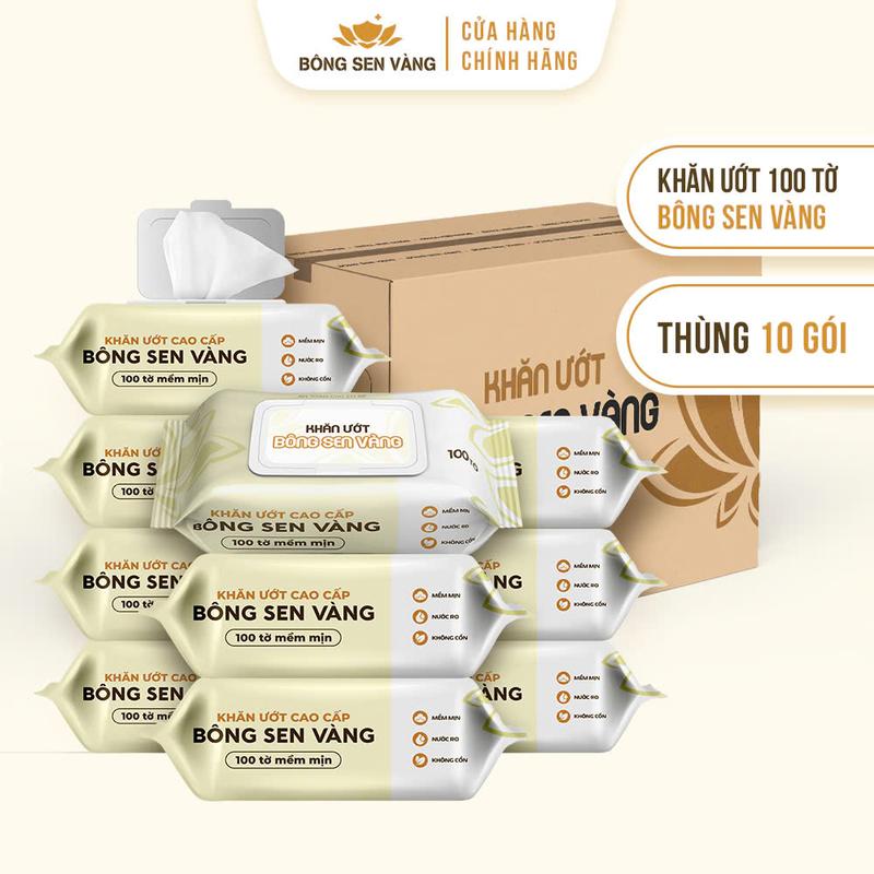 Thùng 10 Gói Khăn ướt Bông Sen Vàng 100 Tờ không cồn kháng khuẩn đa năng