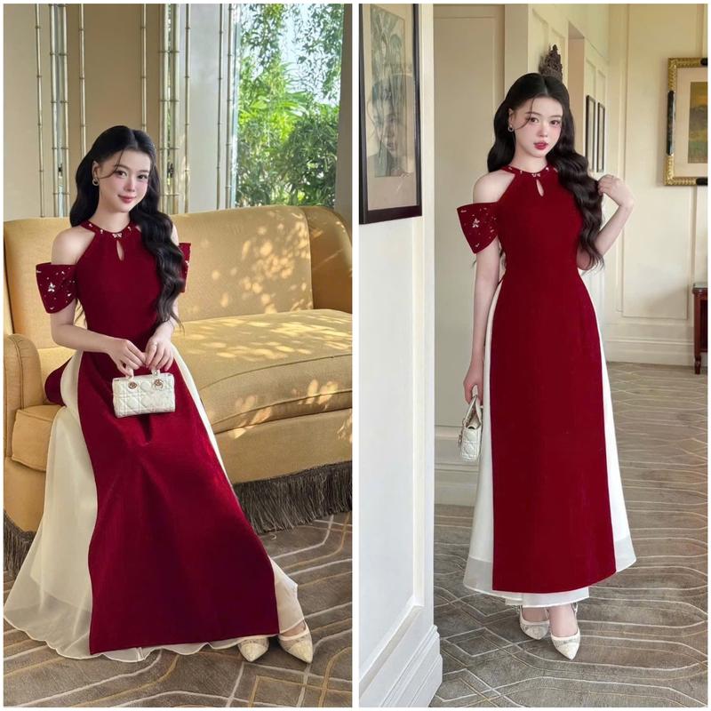  Sét áo dài chất nhung kiểu cổ yếm hở vai đính ngọc phối cùng chân váy voan tơ duyên dáng thích hợp mặc lễ tết 