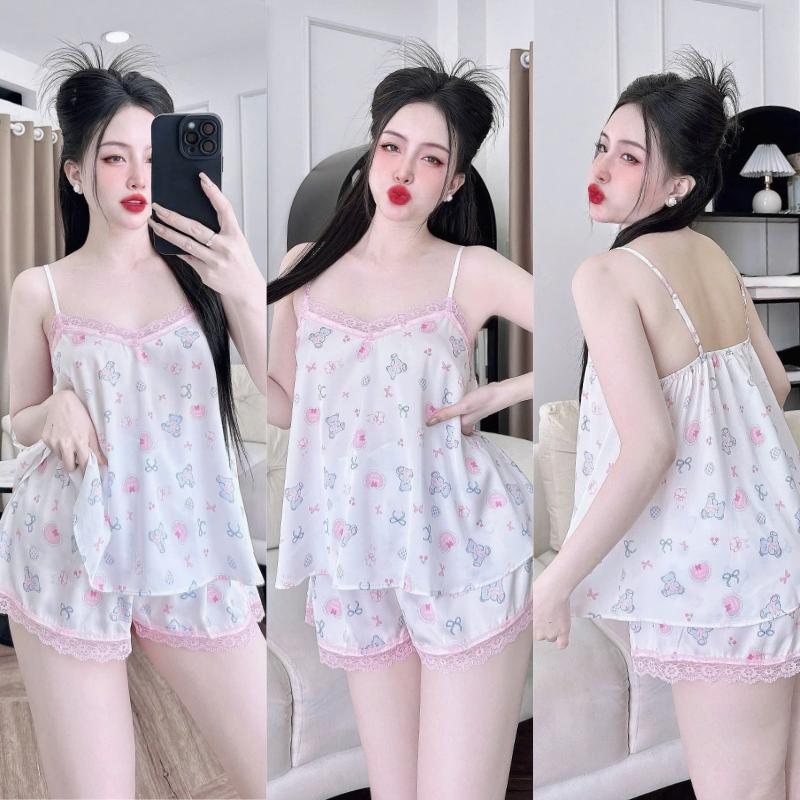 Bộ Đồ Ngủ Nữ Sexy HEUN YOUNG Đồ Bộ Nữ, Bộ Mặc Nhà 2 Dây Phối Ren Quần Đùi Lụa Latin Mềm Mịn FreeSize 40-65kg Áo Kem Women 6