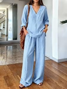 Conjunto de dos piezas con estilo lino, pantalones de pierna ancha sin esfuerzo, material de lino cómodo, perfecto para uso casual, elegante y versátil