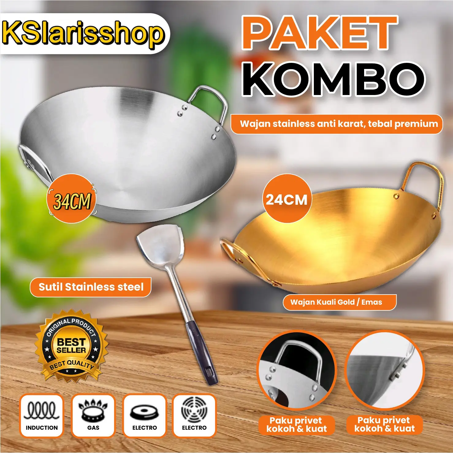 { BELI LOKAL } PROMO BUNDLING SET - KUALI PUTIH STAINESS 34CM + KUALI GOLD 24CM + SUTIL - WAJAN PENGGORENGAN ANTI LENGKET