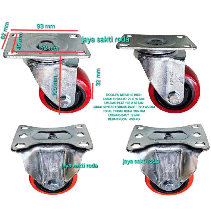 Jual Roda pu merah 3 inch model 2hidup 2mati beban roda 400 kg ball ...