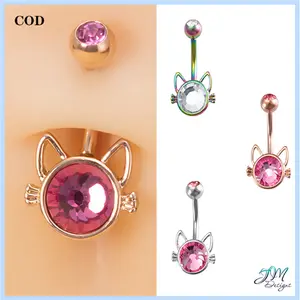 1 buah anting Puser zirkon emas mawar wajah kucing baja tahan karat Berlian Gold