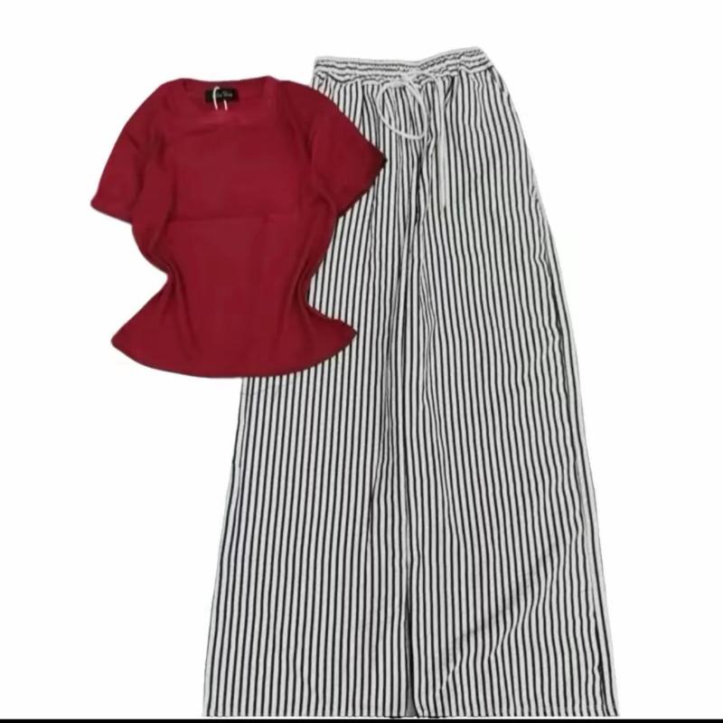 Sét bộ áo thun babytee thun tăm mic quần xuông kẻ sọc mềm mát dành cho nữ màu đỏ và sọc trắng đen
