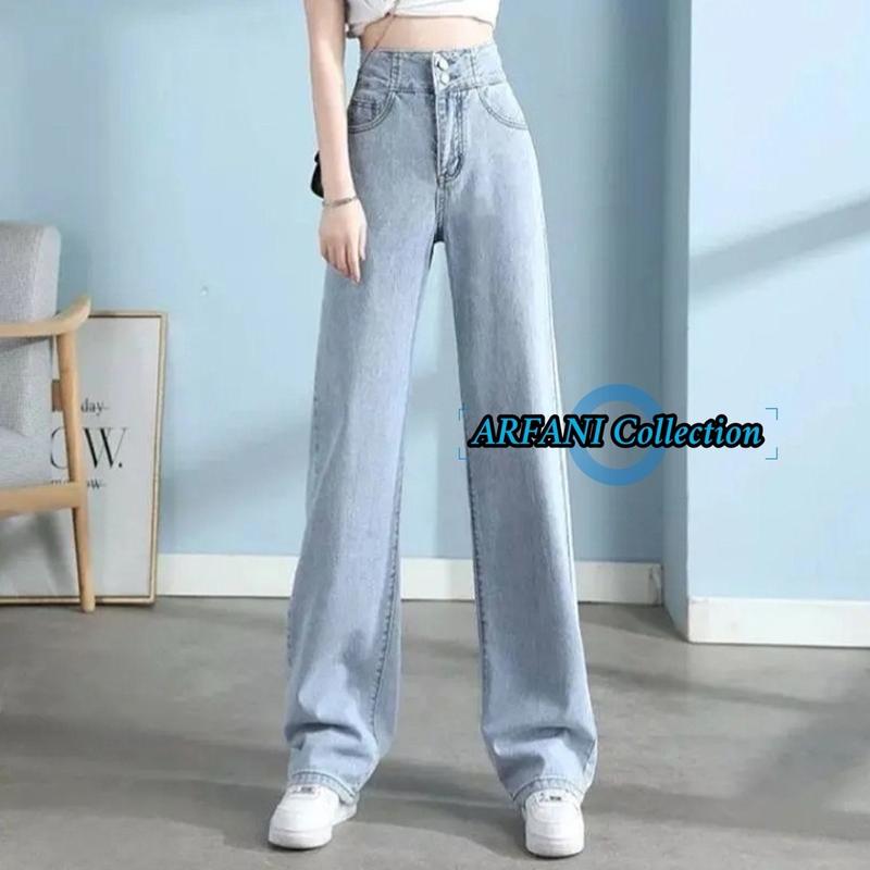 Arfani Collection J23 Celana Panjang Highwaist Kulot Silang Jeans Wanita Double Button 2 Kancing J23 - Variasi 5