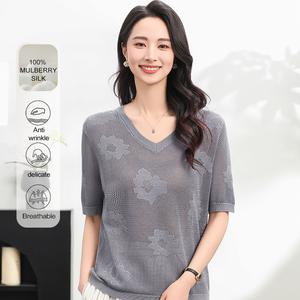 MuMeng [100% Mulberry Silk] Floral Mesh Hollow Out Shirts for Women Breathable T-shirts for Summer Anti-wrinkle Delicate5542
