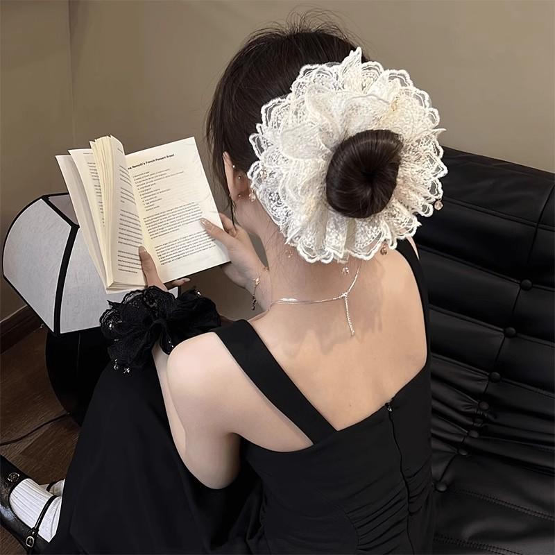 Q45 scrunchies dây buộc tóc bản 4 lớp ren lưới hoa tiết hoa nhỏ phong cách Hàn Quốc